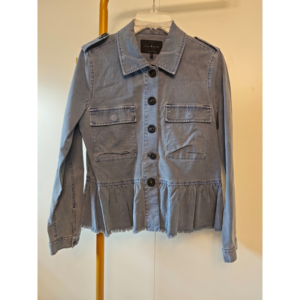 Peplum Utility Light Coat Lucky Brand Faded Blue Button-Front Size S Fringe Hem